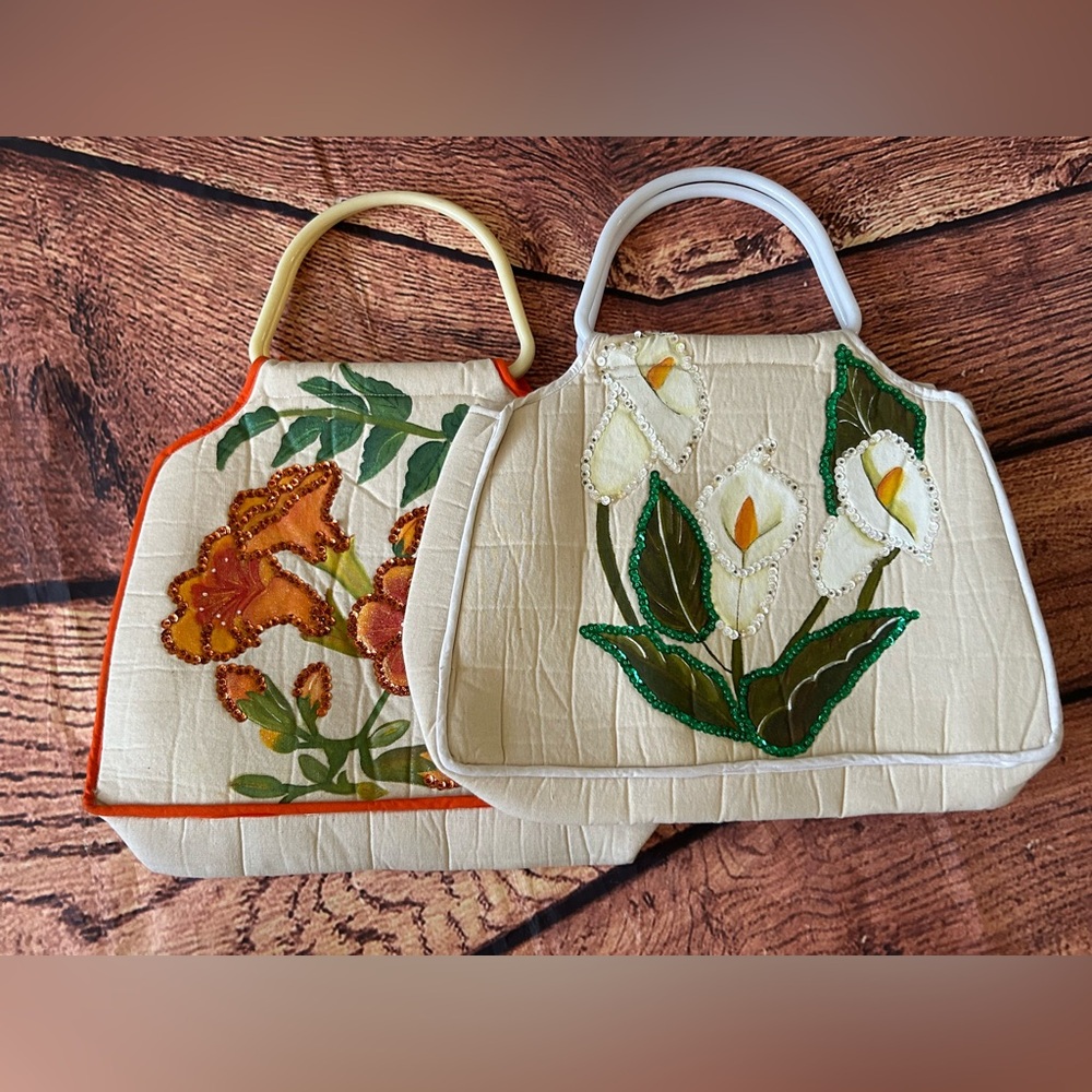 Quilted Top Handle Handbag Beige Calla Lily Floral Embroidery Beaded Accent‎